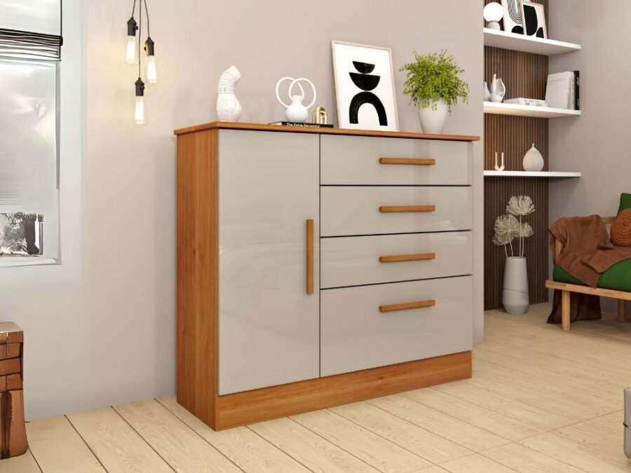 Cômoda Sapateira Chicago 4 Gavetas 1 Porta Tcil – Cinamomo/Off White