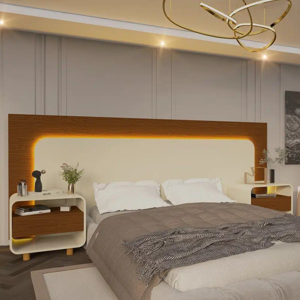 Cabeceira Box Innova 140/160/195 com LED e 2 Mesas de Cabeceira, Côr Castanho/Off White, da Gelius