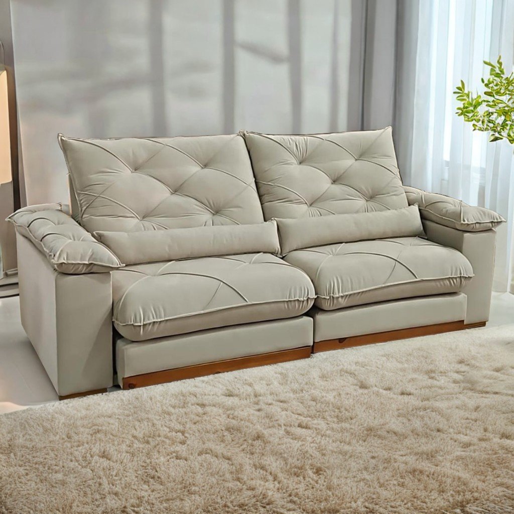Sofá Retrátil e Reclinável Gran Paladium (Pillow) 2,50 m Veludo Bege – IMPÉRIO DECOR