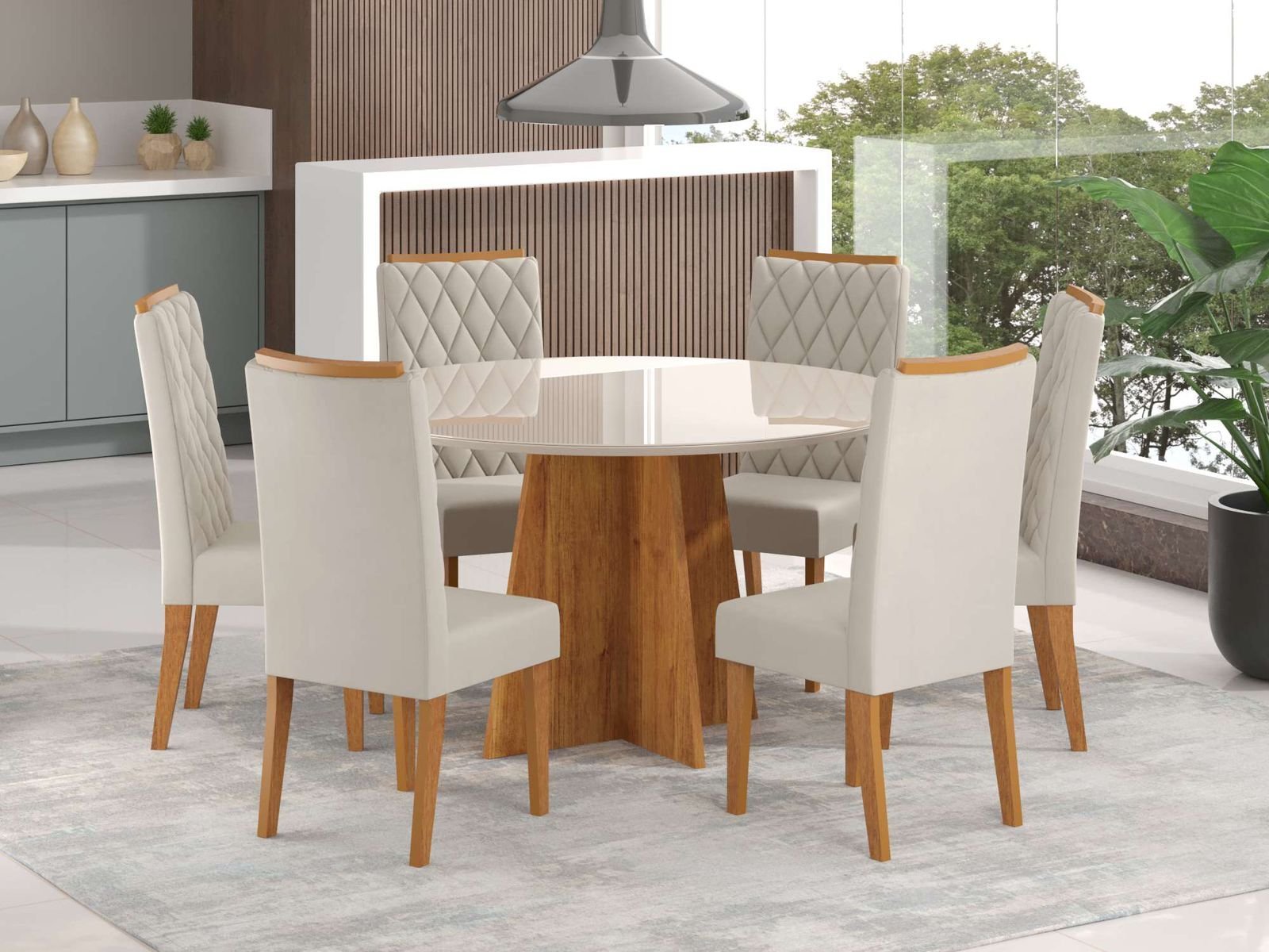 Mesa Daila 135 com 6 Cadeiras Iza, Cor Mel Blonde/Off White Viero