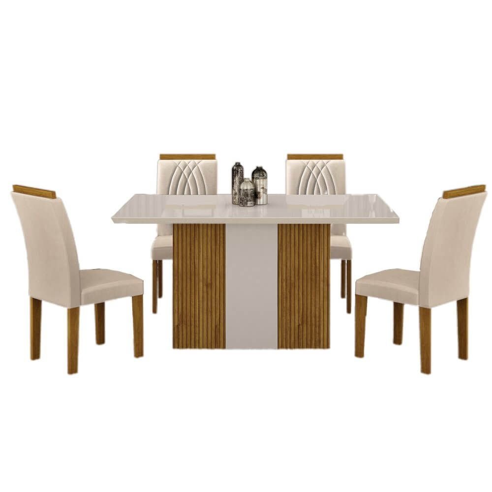 Mesa de Jantar Doha 120x80cm com 4 Cadeiras Leifer Off White Freijó