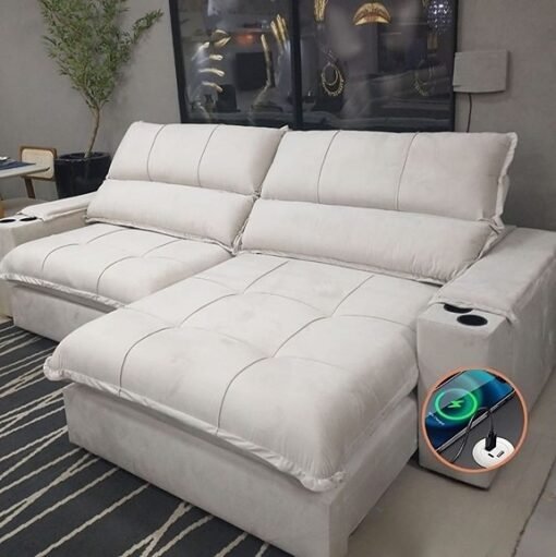 SOFÁ RETRÁTIL E RECLINÁVEL ZEUS BEGE – ENTRADA USB E CARREGADOR POR INDUÇÃO/ PORTA COPOS. - Imagem 2