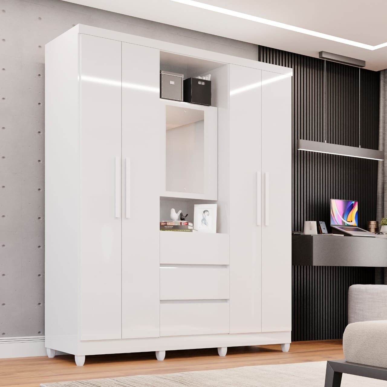 Roupeiro Capelinha Prime com Espelho, Côr Branco