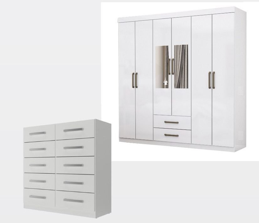 Guarda-Roupa 6 Portas(Com Espelho) + Cômoda 10 Gavetas branca