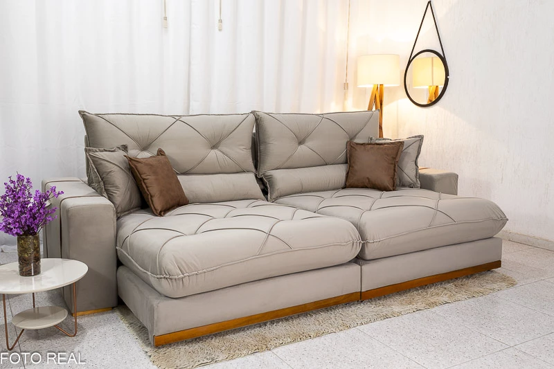 Sofá Retrátil Reclinável Gran Bello 2.90m Veludo Capuccino - D33 e Molas Ensacadas